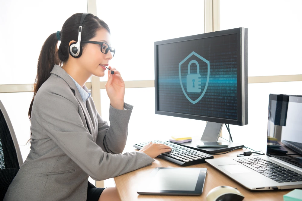 Customer service representative assisting with a secure payment